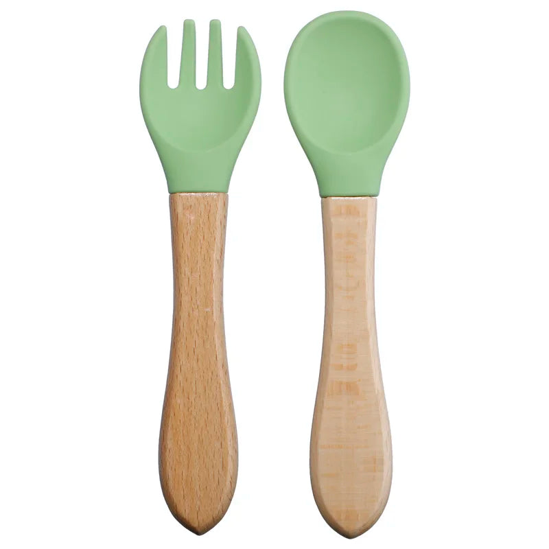 Ensemble couverts en silicone et manche en bois naturel